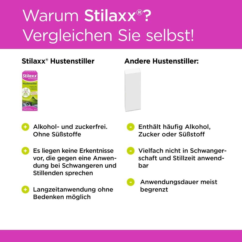 Vergleichstabelle: Hustenstiller vs. andere. Produktverpackung links. Text: alkoholfrei, ohne Süßstoffe, Langzeitanwendung.