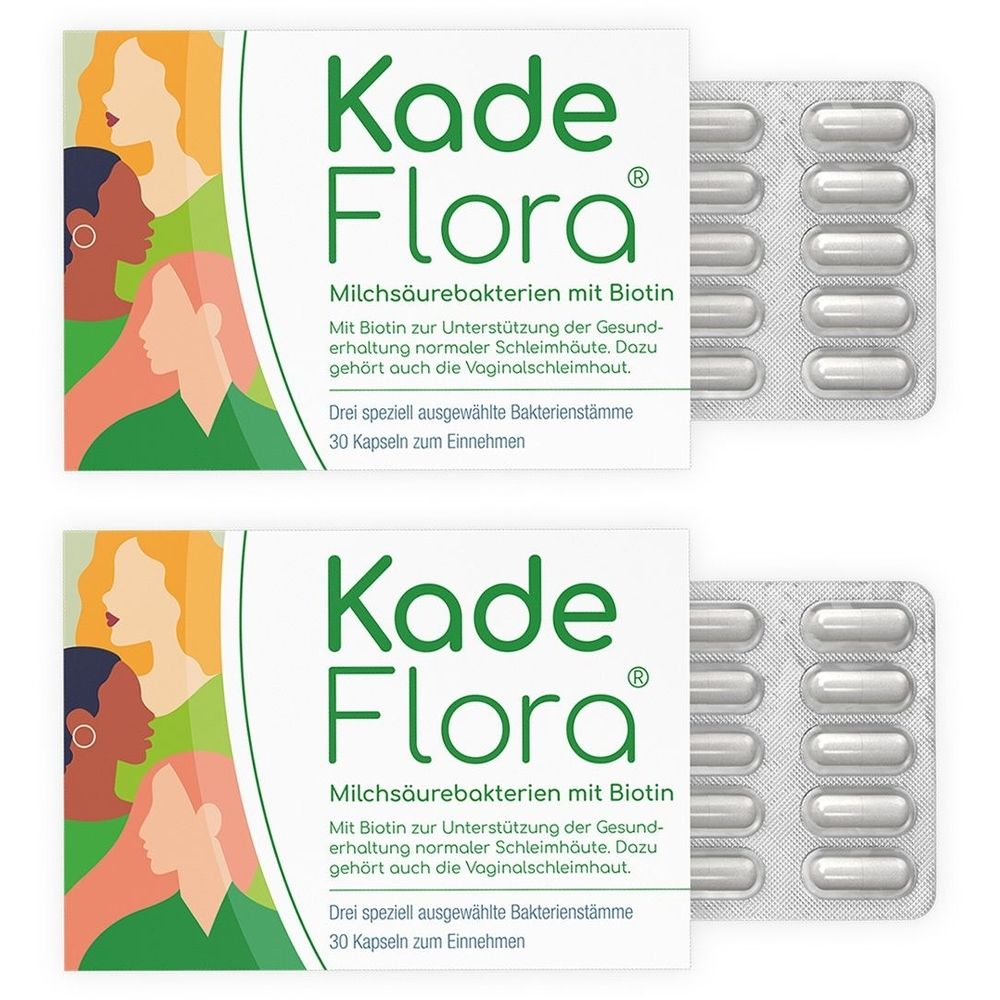 Zwei Packungen KadeFlora. Jede Packung zeigt das Produkt und Blisterpackungen mit Kapseln. Text: Milchsäurebakterien mit Biotin.