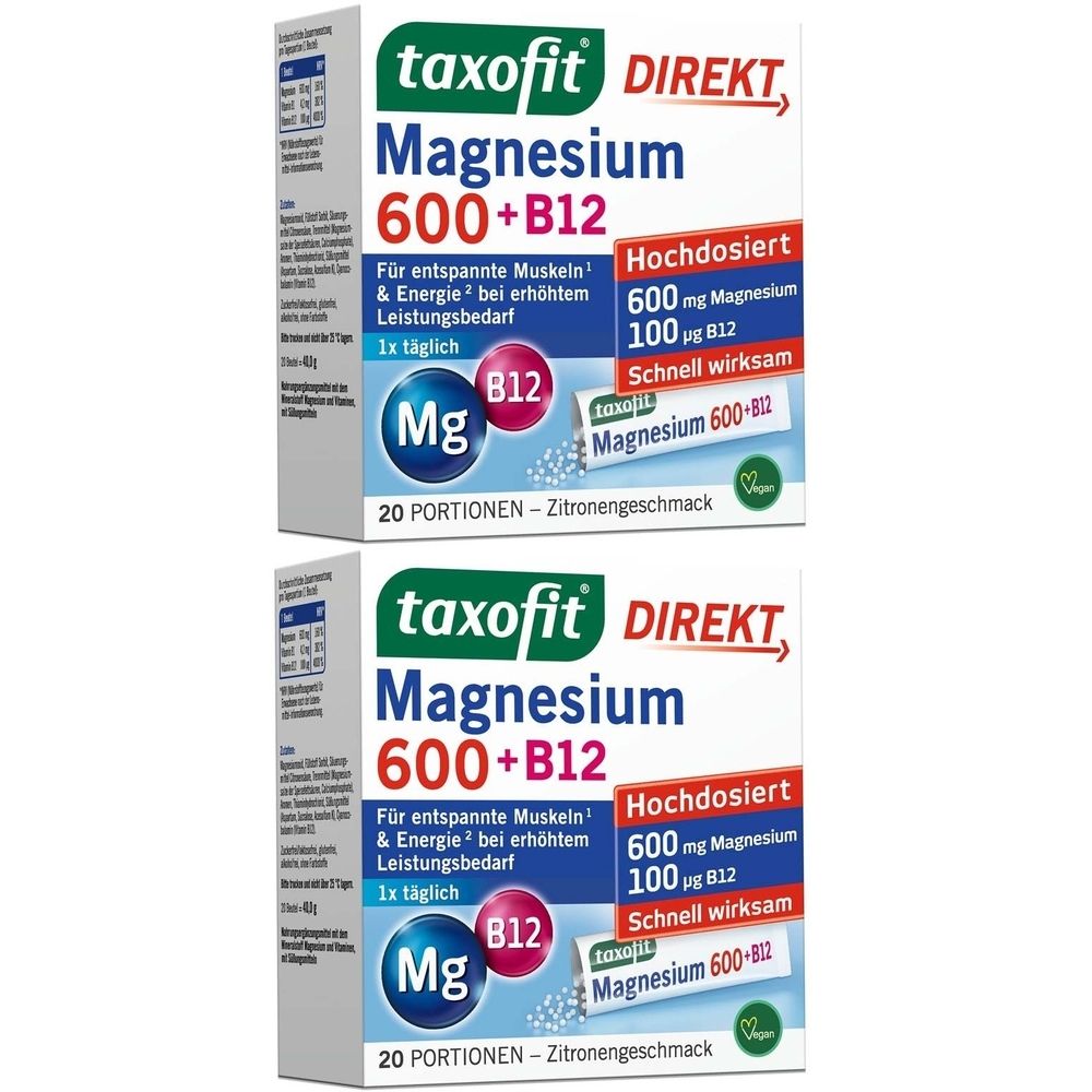 Zwei Packungen taxofit DIREKT Magnesium 600+B12. Aufdrucke: 600 mg Magnesium, 100 µg B12, 20 Portionen, Zitronengeschmack. Grün-weißes Design.