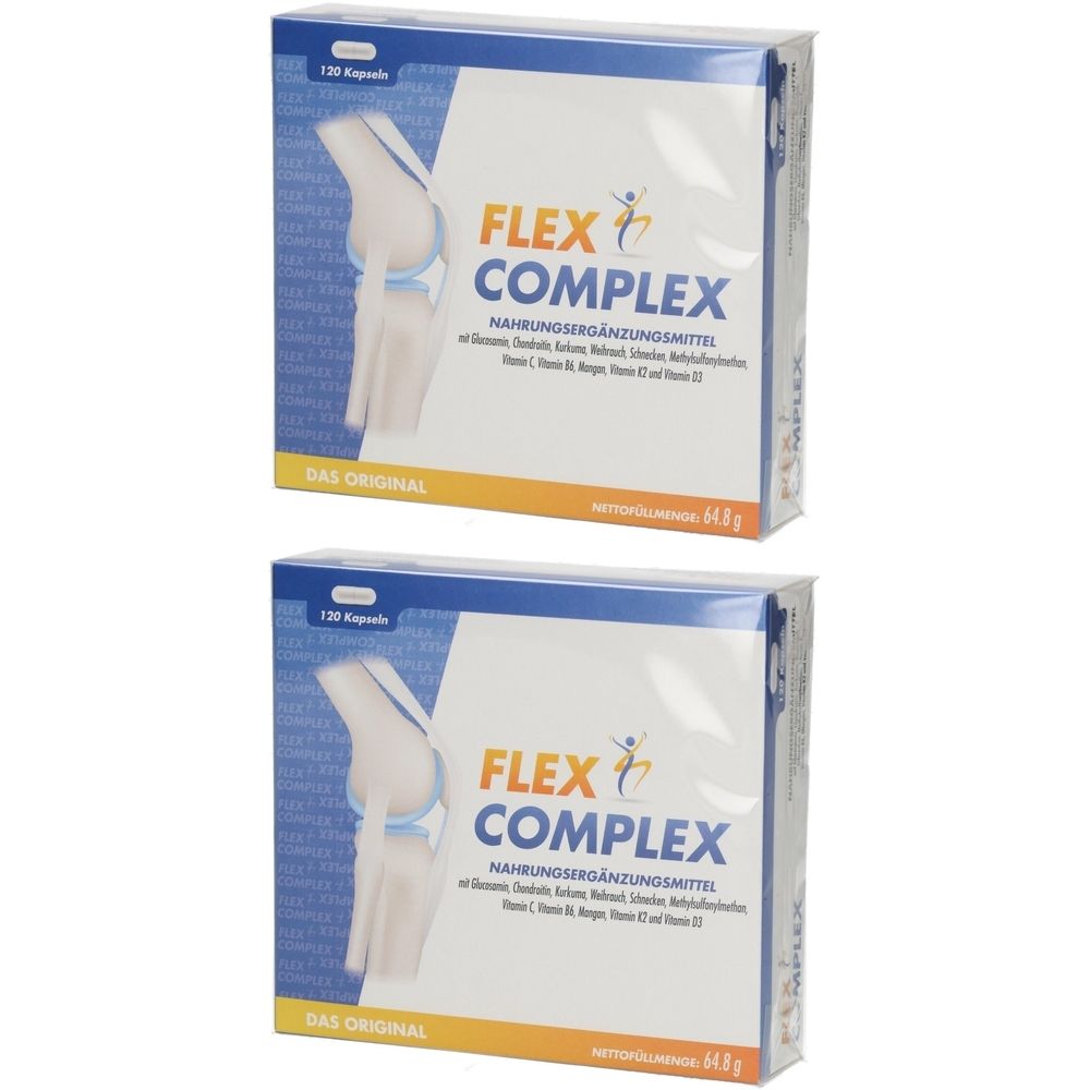 Zwei Schachteln FLEX COMPLEX. Blaue und weiße Verpackung mit Produktnamen und Abbildung eines Knies. Enthält 120 Kapseln.