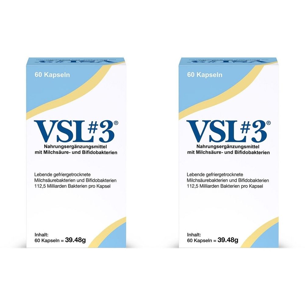 Zwei weiße Schachteln mit blauen und gelben Elementen. Aufschrift: VSL#3, Nahrungsergänzungsmittel. Inhalt: 60 Kapseln.