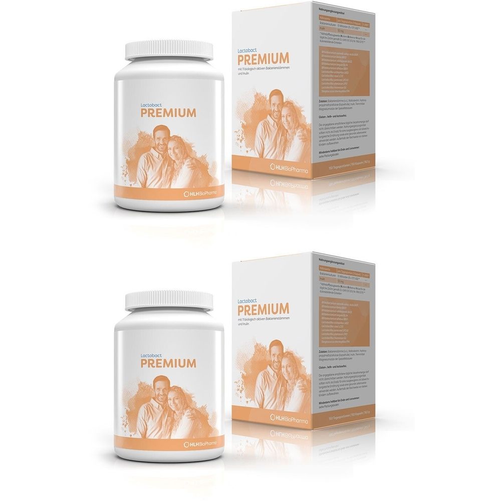 Weiße Flasche und Karton mit Produktaufdruck. Aufdruck: Lactobact PREMIUM. Abbildung eines Paares. Zertifizierung.