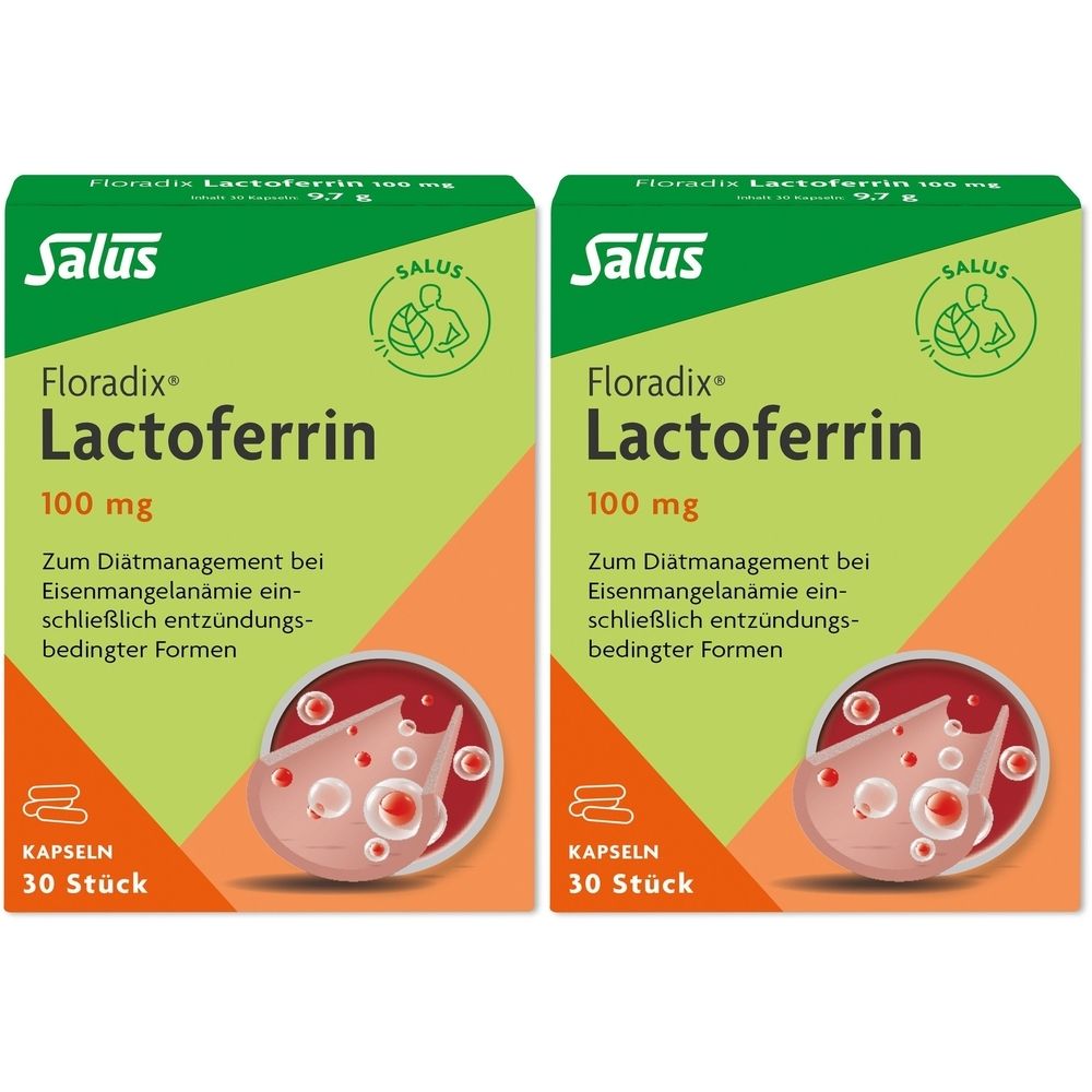 Zwei Packungen Floradix Lactoferrin. Grün-orangefarbene Verpackung mit Produktnamen, Dosierung und Text. 30 Kapseln.
