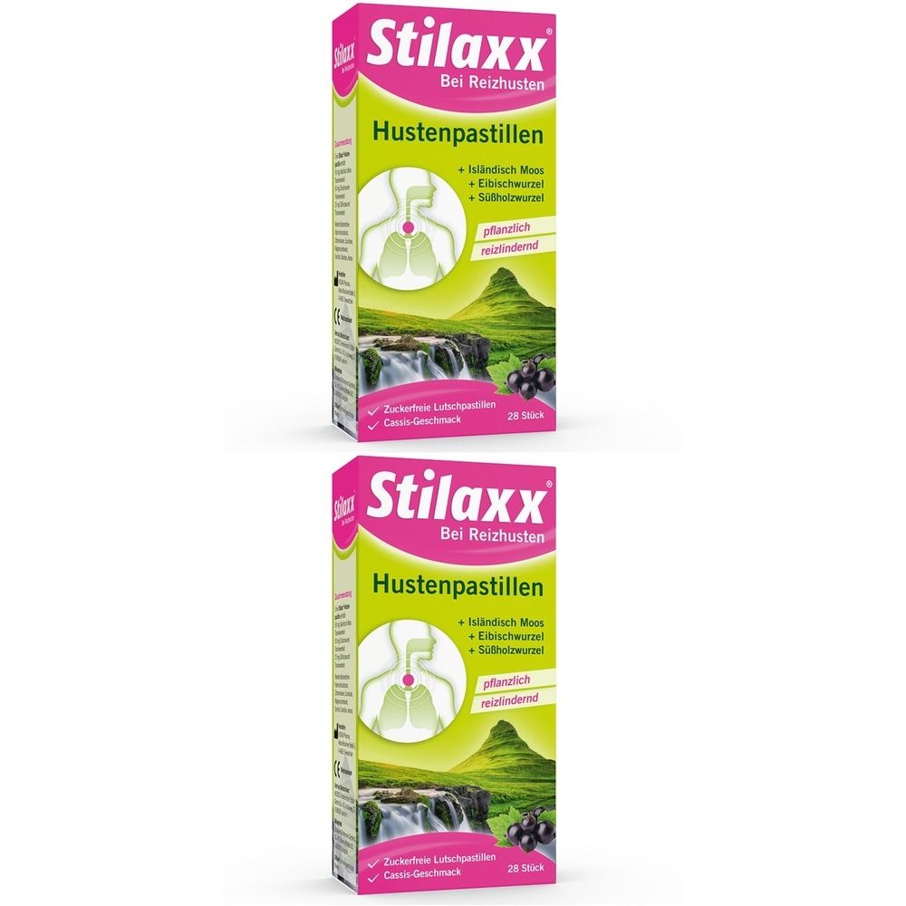 Zwei Packungen Hustenpastillen. Rosa-grüne Verpackung mit Produktnamen und Illustrationen. 24 Stück.