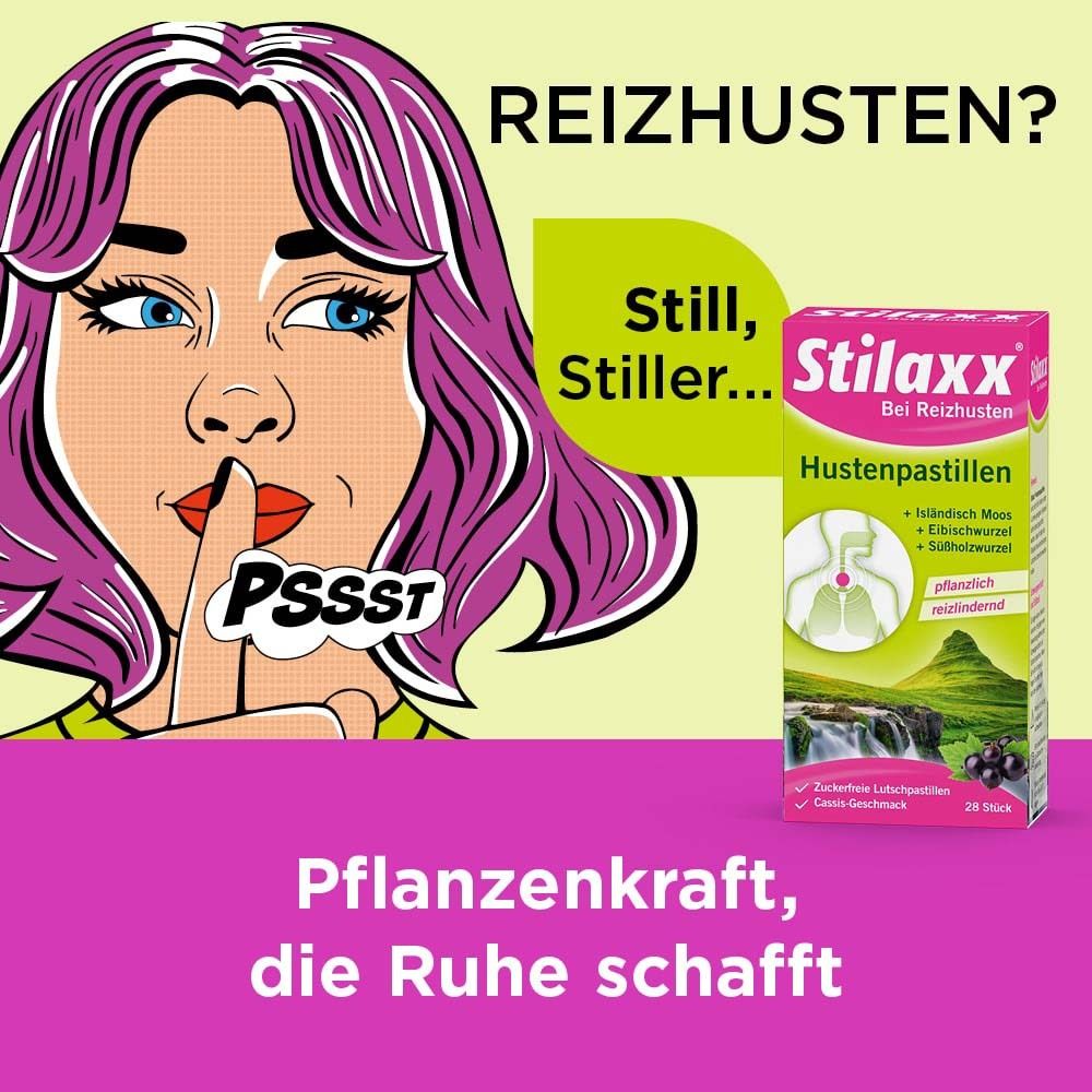 Werbebild mit Comic-Frau, die den Finger vor den Mund hält. Rechts: Stilaxx Hustenpastillen-Packung. Text: Pflanzkraft, die Ruhe schafft.