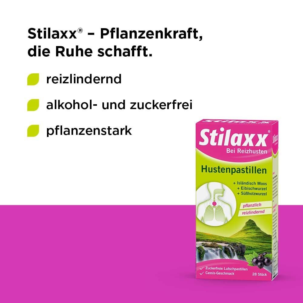 Produktverpackung Stilaxx Hustenpastillen. Rosa-grüne Verpackung mit Produktnamen, Illustration der Atemwege und Landschaft. Text: reizlindernd, zuckerfrei, pflanzenstark.