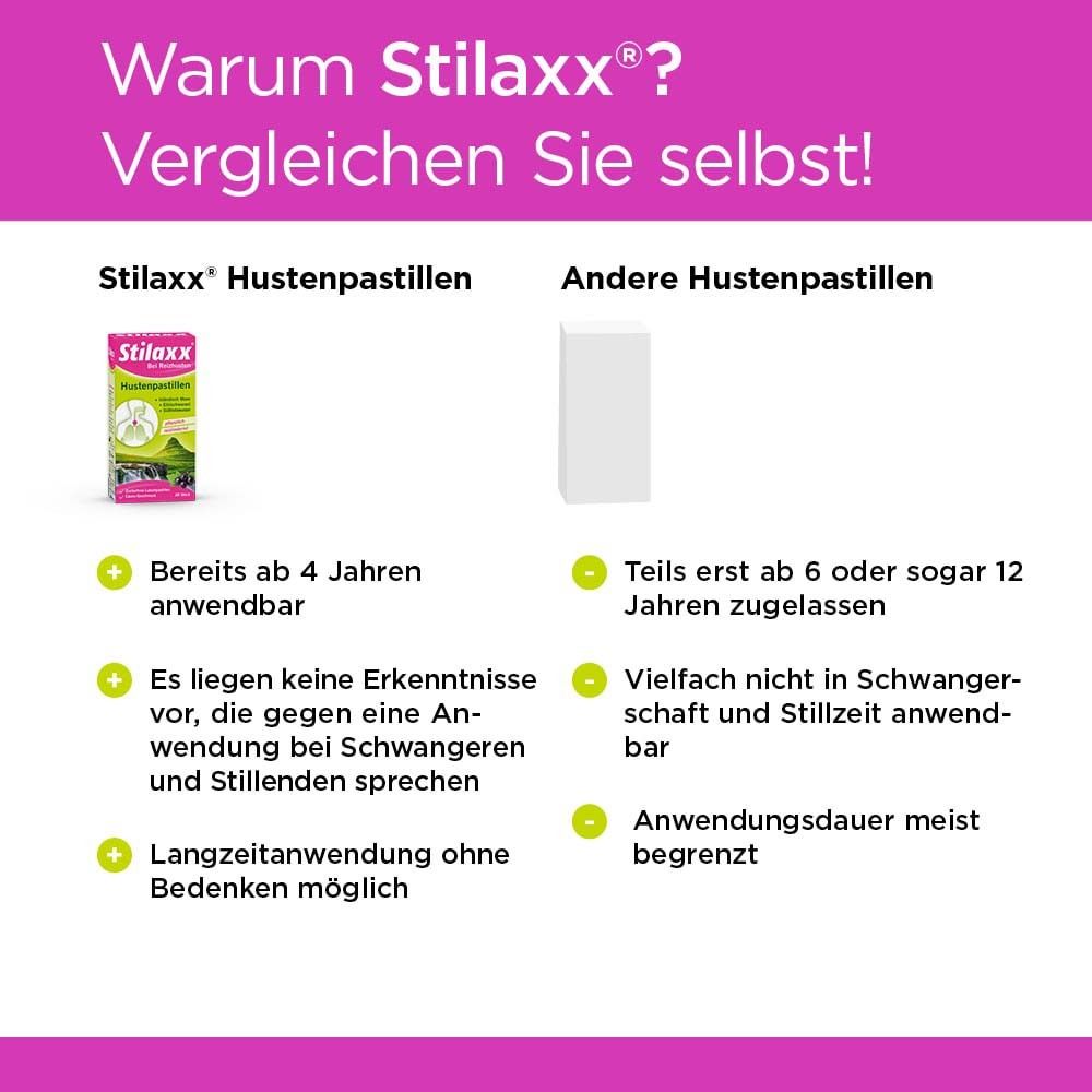 Vergleichstabelle: Stilaxx Hustenpastillen vs. andere Hustenpastillen. Vorteile: ab 4 Jahren, keine Bedenken bei Schwangeren, Langzeitanwendung möglich.