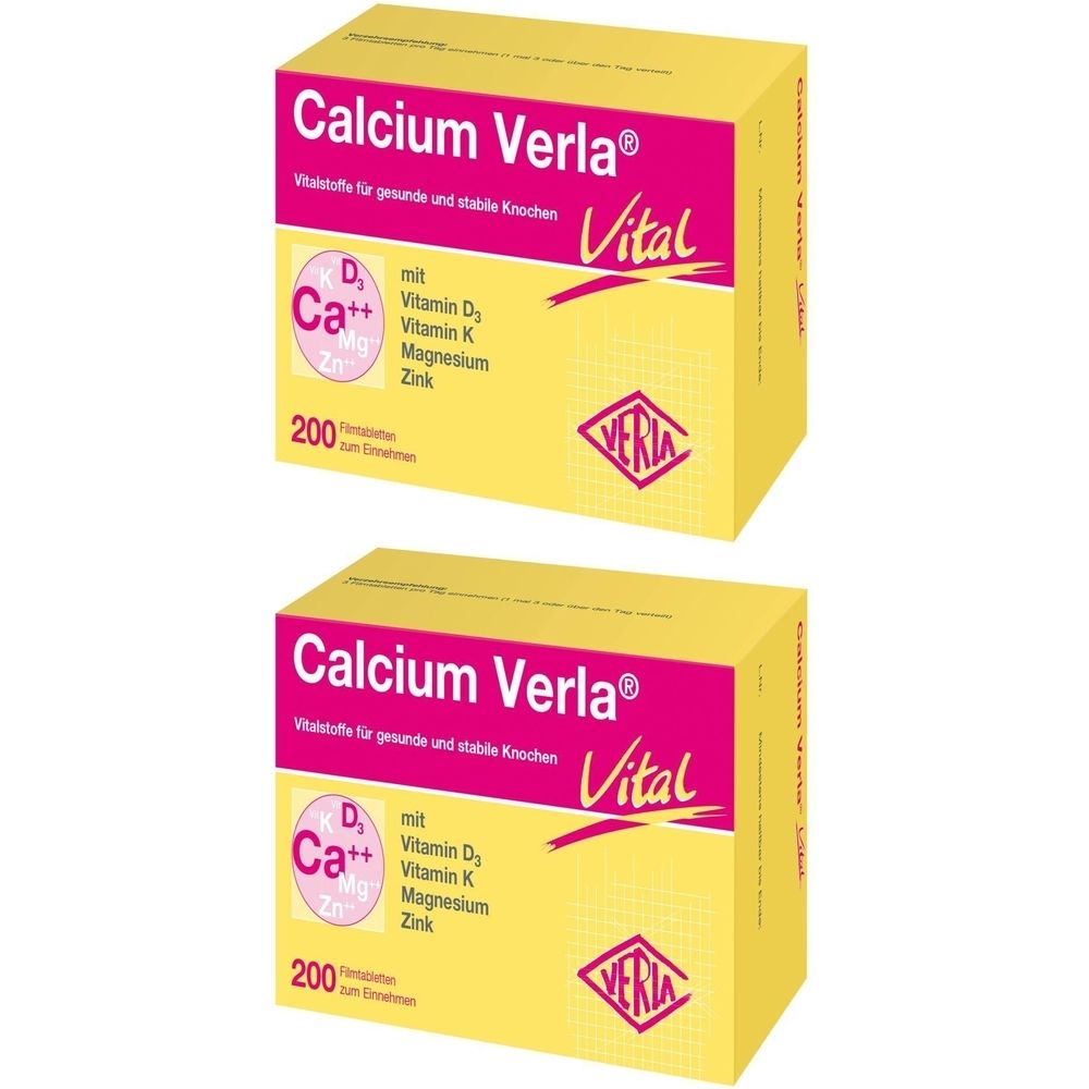Zwei gelbe Schachteln mit der Aufschrift "Calcium Verla Vital". Enthält Vitamin D, K, Magnesium und Zink. 200 Tabletten.