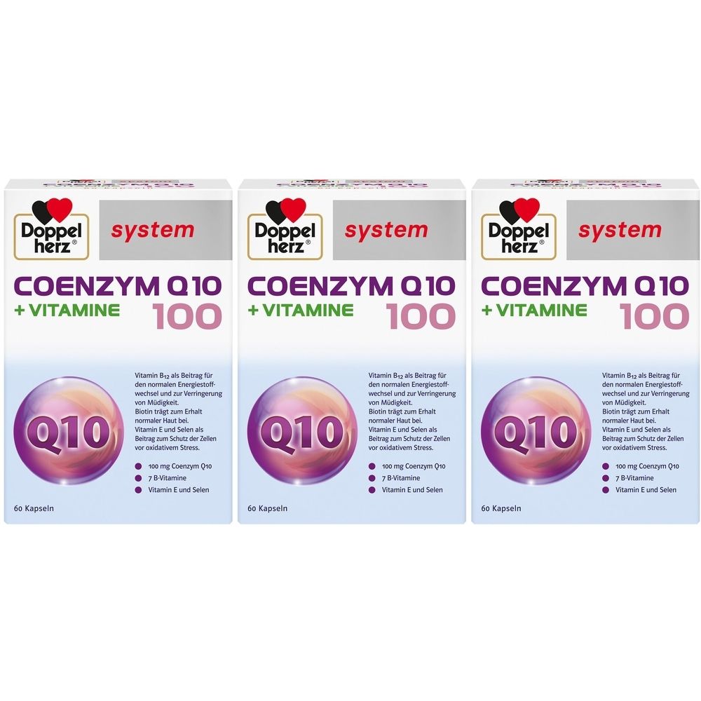 Drei Packungen Doppelherz system Coenzym Q10 + Vitamine 100. Weiße Schachteln mit Produktnamen, Q10-Logo und Inhaltsangaben.