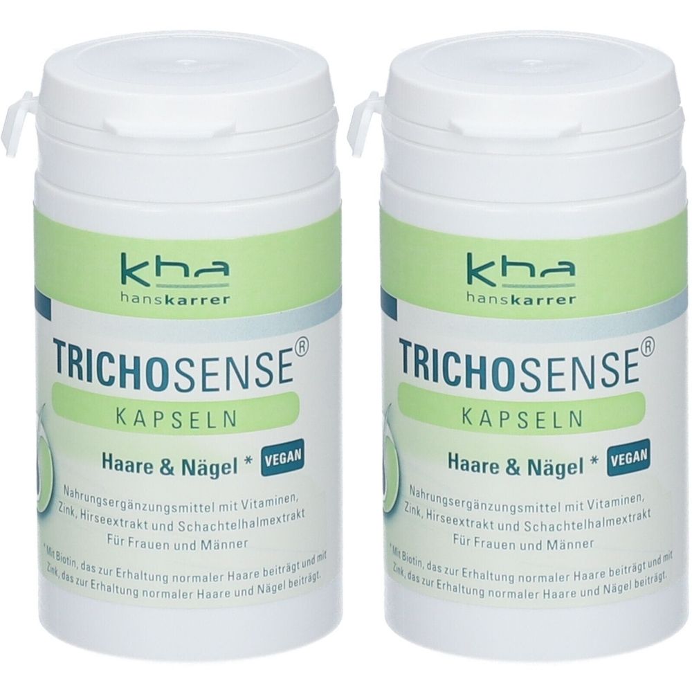 Zwei weiße Flaschen mit grünem Etikett. Aufschrift: TRICHOSENSE® Kapseln, Haare & Nägel, vegan. Marke: kha hanskarrer. Nahrungsergänzungsmittel.