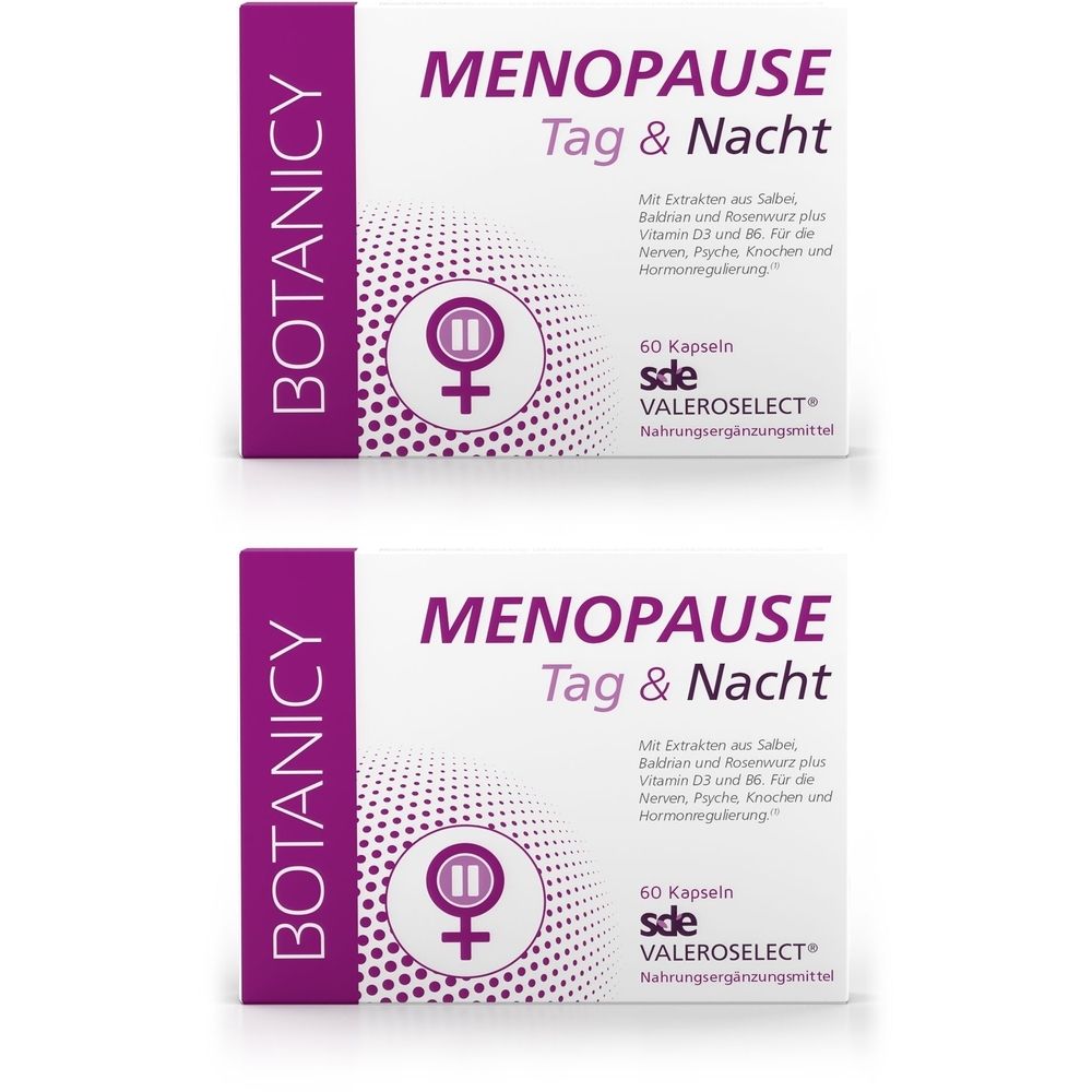 Zwei weiße Schachteln mit lila Akzenten. Aufschrift: MENOPAUSE Tag & Nacht. Enthält 60 Kapseln. Marke: BOTANICY, VALEROSELECT.