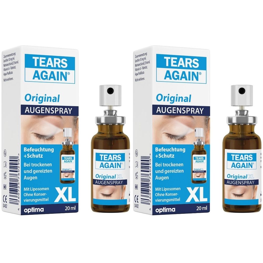 Zwei Flaschen Augenspray mit Sprühkopf und Kartonverpackung. Aufschrift: TEARS AGAIN Original AUGENSPRAY XL 20 ml.