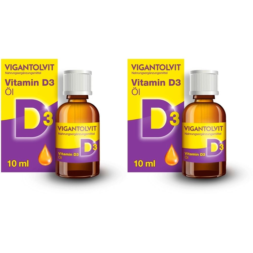 Zwei Flaschen Vitamin D3 Öl mit Verpackung. Aufschrift: VIGANTOLVIT, Vitamin D3 Öl, 10 ml.