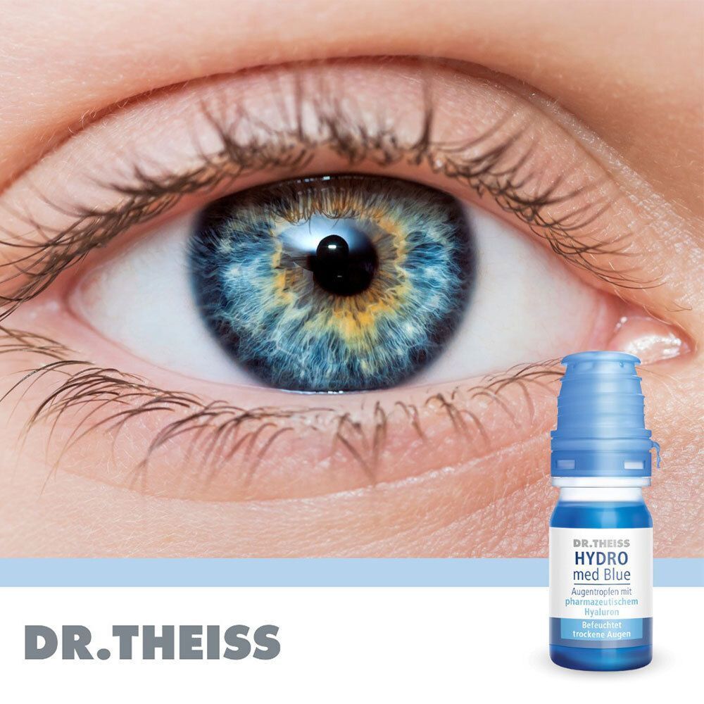 Nahaufnahme eines blauen Auges mit einem Fläschchen Dr. Theiss Hydro med Blue Augentropfen daneben.