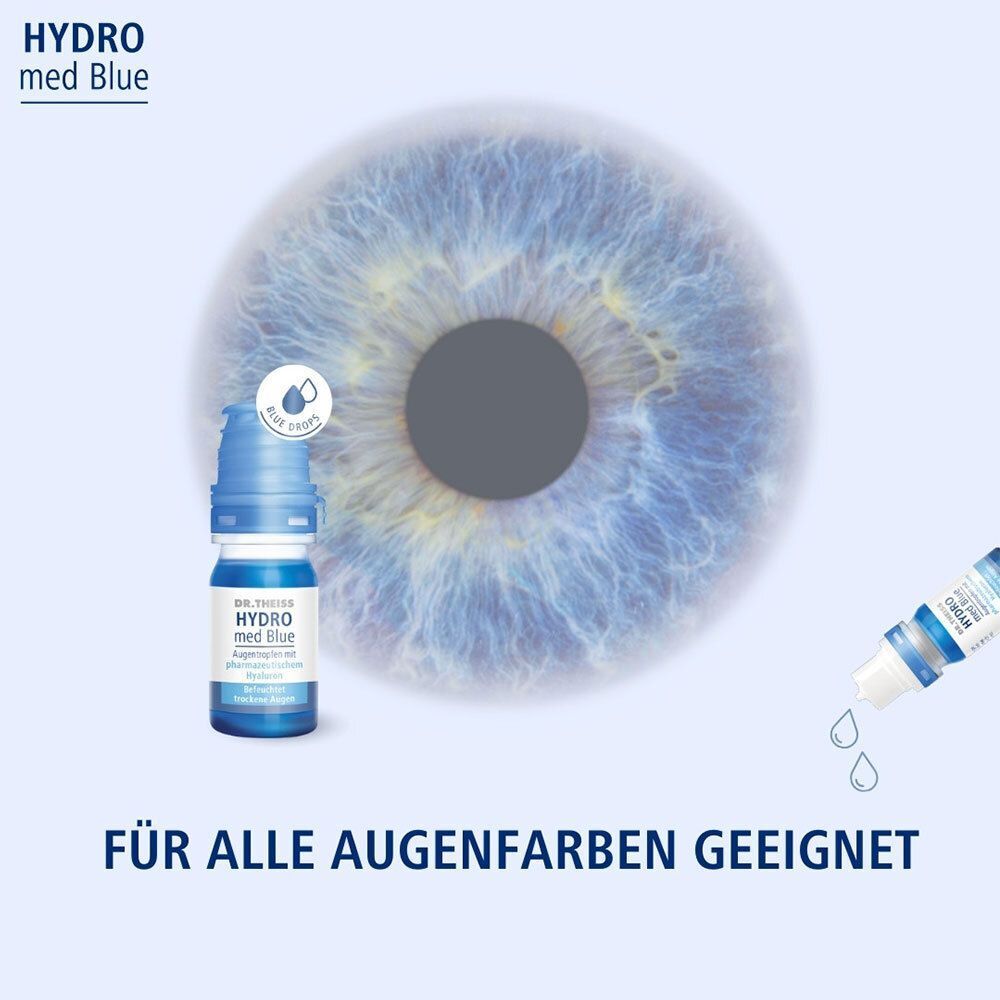 Ein blaues Auge mit einem Fläschchen Dr. Theiss Hydro med Blue Augentropfen und Tropfen, die herausfallen.