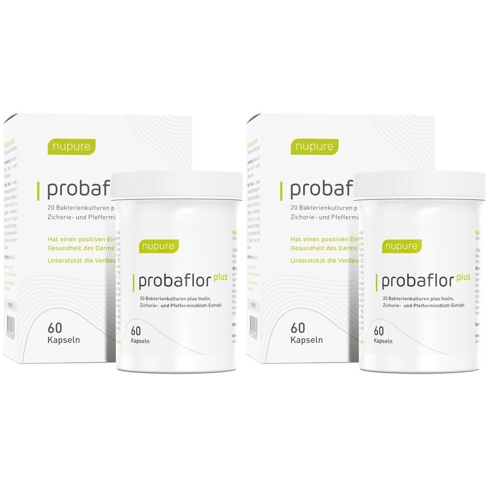 Zwei weiße Flaschen und zwei Kartons mit der Aufschrift "nupure probaflor plus". Auf den Flaschen steht "60 Kapseln".