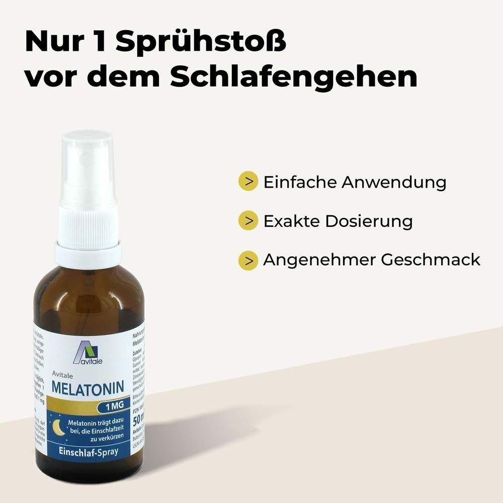 Flasche Avitale Melatonin 1 mg Einschlaf-Spray. Text: Nur 1 Sprühstoß vor dem Schlafengehen. Einfache Anwendung.