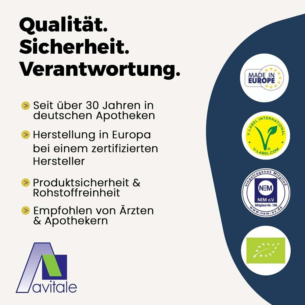 Siegel: Made in Europe, V-Label, NEM, Bio. Text: Qualität. Sicherheit. Verantwortung. Empfohlen von Ärzten.