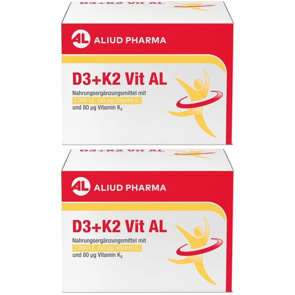 Zwei weiße Kartons mit roter und gelber Gestaltung. Aufschrift: D3+K2 Vit AL, Nahrungsergänzungsmittel. Marke: ALIUD PHARMA.