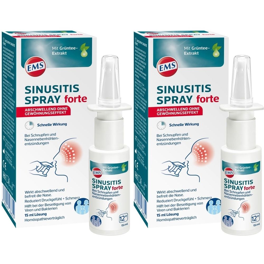 Zwei Flaschen und Verpackungen von Emser Sinusitis Spray Forte. Weiße Flaschen mit Sprühaufsatz, in Kartons verpackt.