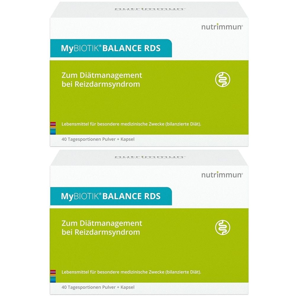 Zwei weiße Kartons mit "MyBIOTIK BALANCE RDS"-Aufdruck. Text: "Zum Diätmanagement bei Reizdarmsyndrom". Marke: nutrimmun.
