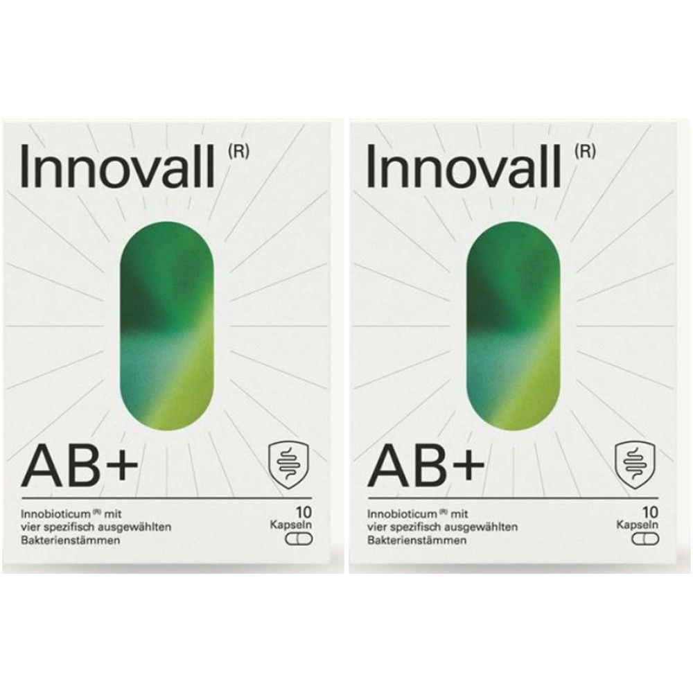 Zwei Packungen Innovall AB+ mit grünem Design. Aufschrift: AB+, 10 Kapseln. Enthält Bakterienstämme.