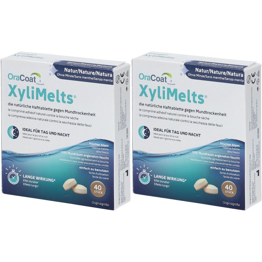 Zwei Schachteln OraCoat XyliMelts. Weiße Schachteln mit Produktnamen und Beschreibung. Enthält 40 Tabletten. Ideal für Tag und Nacht.