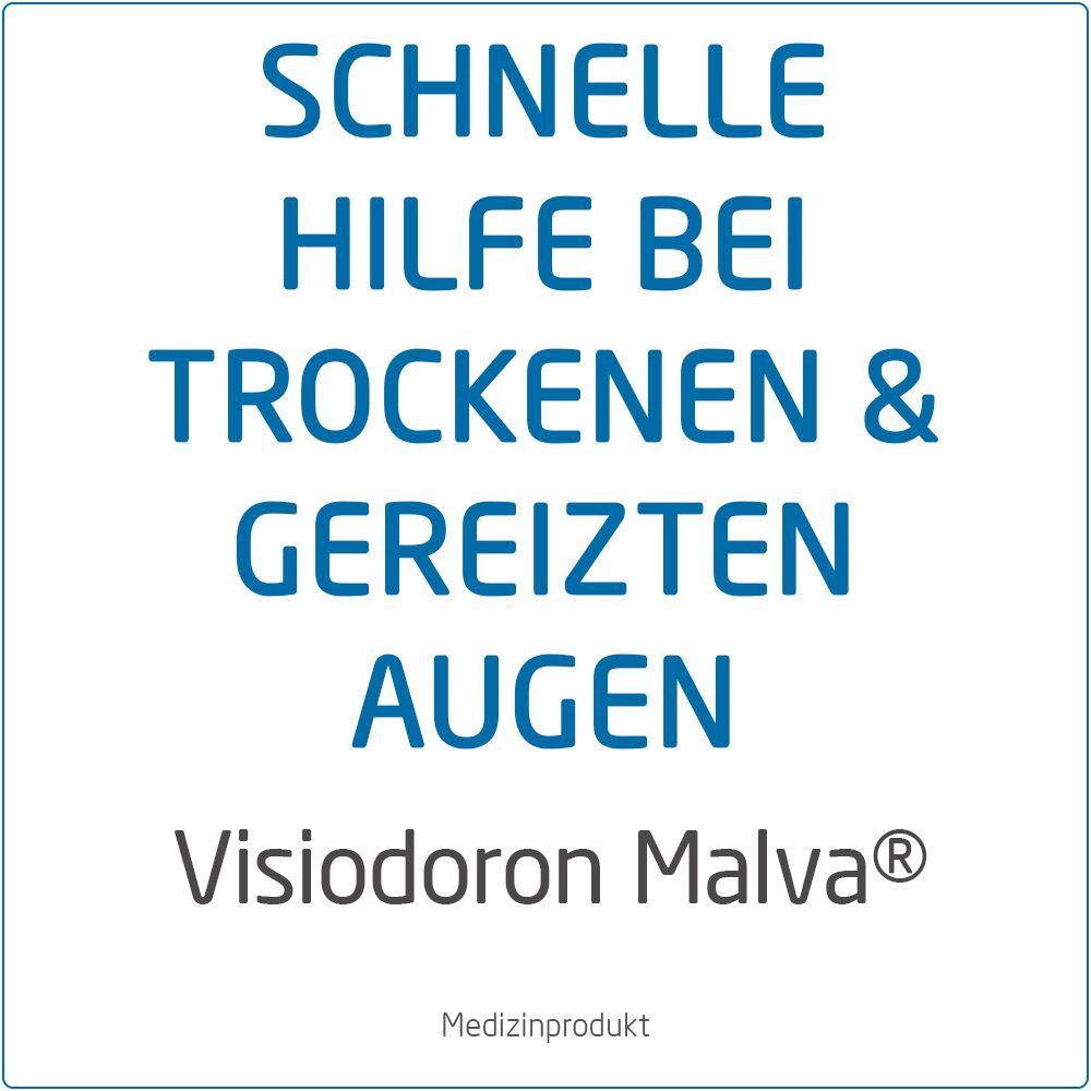 Text: Schnelle Hilfe bei trockenen & gereizten Augen. Visiodoron Malva® Medizinprodukt.