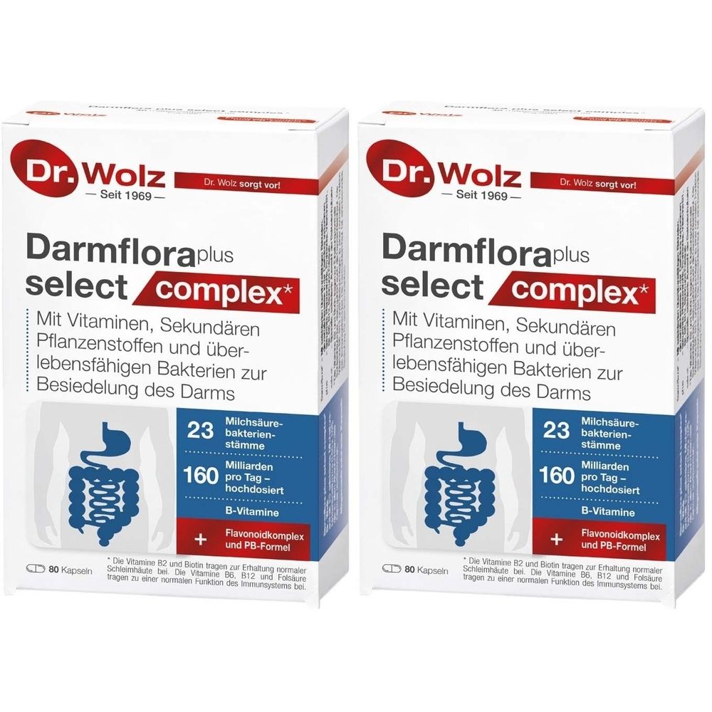 Zwei rechteckige Kartons. Aufschrift: Dr. Wolz Darmflora plus select complex*. Enthält Vitamine, Bakterien und Pflanzenstoffe.