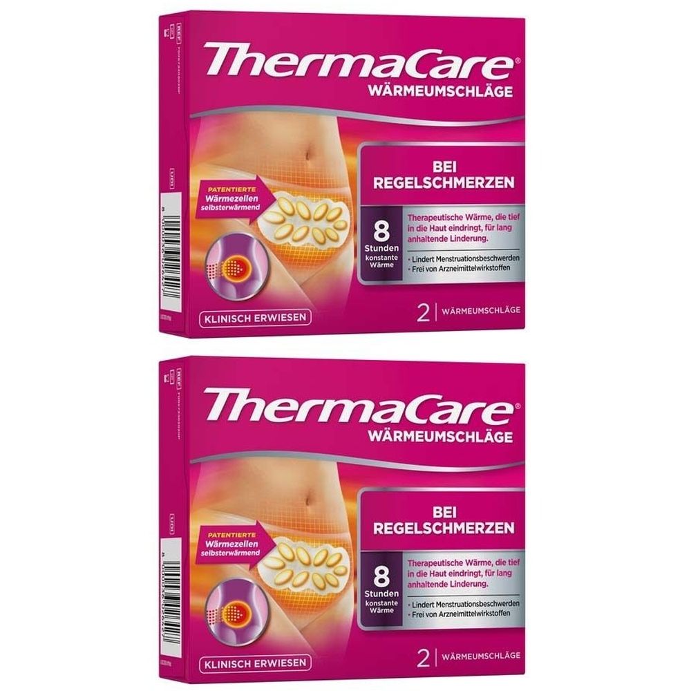 Zwei Packungen ThermaCare Wärmeumschläge. Rosa Verpackung mit Produktabbildung und Text: Bei Regelschmerzen, 8 Stunden Wärme.