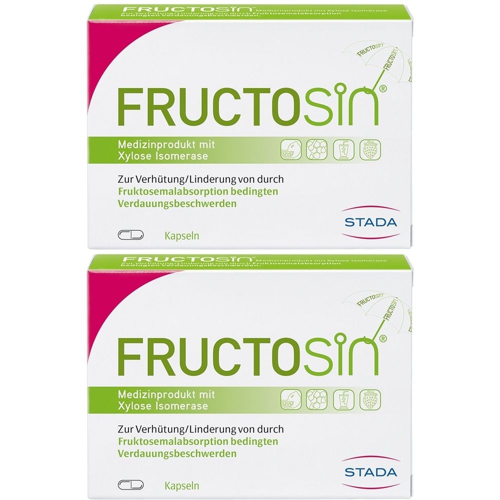 Zwei Schachteln FRUCTOSiN®. Medizinprodukt mit Xylose Isomerase. Zur Linderung von durch Fruktosemalabsorption bedingten Verdauungsbeschwerden. STADA.