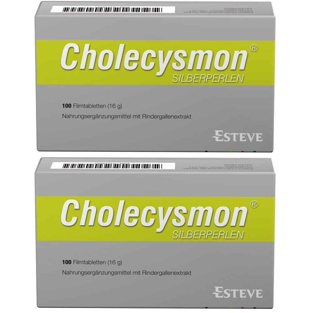 Zwei graue Schachteln mit gelbem Streifen. Aufschrift: Cholecysmon Silberperlen, 100 Filmtabletten, ESTEVE.
