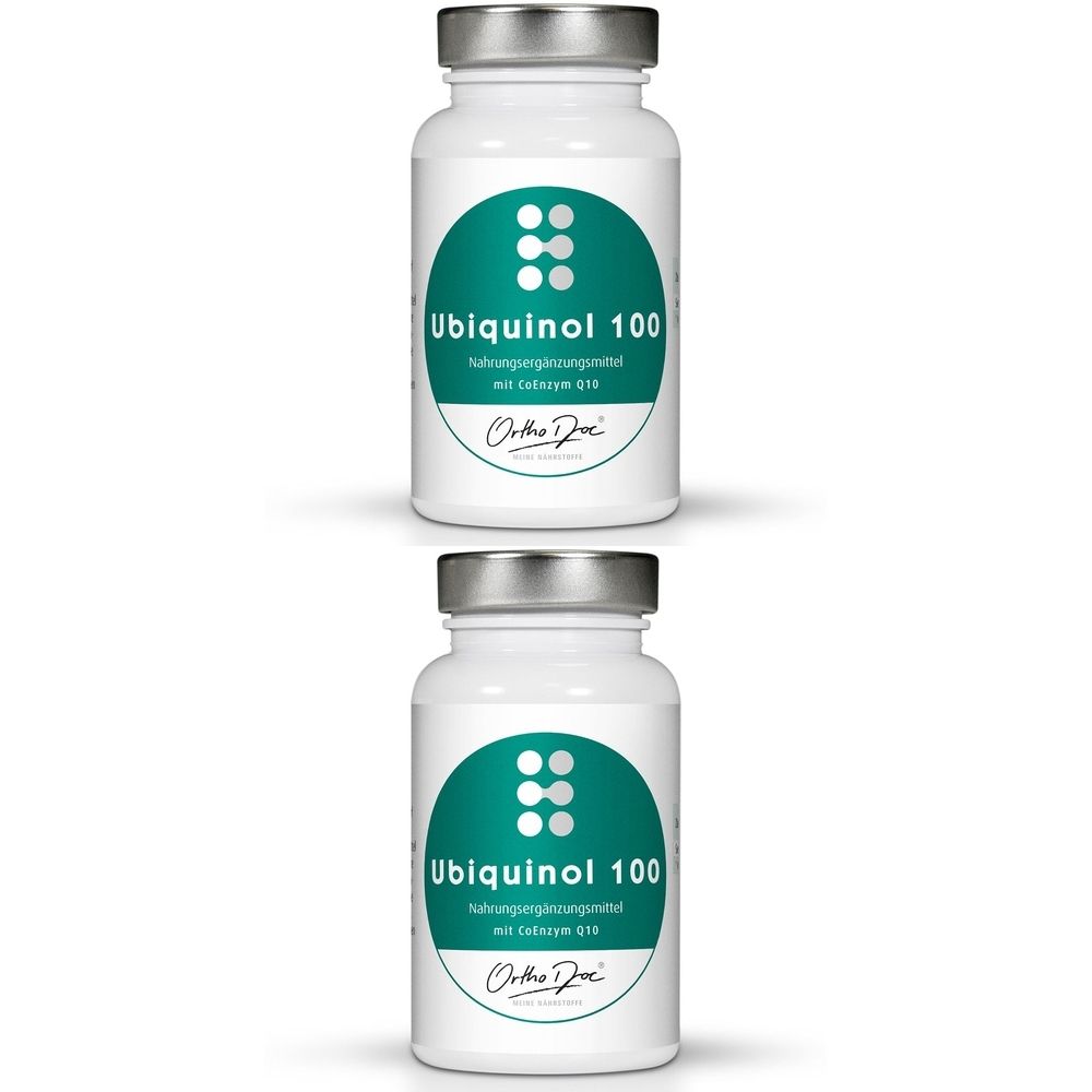 Zwei weiße Flaschen mit silbernen Deckeln. Auf jeder Flasche ein grünes Etikett mit der Aufschrift "Ubiquinol 100" und dem Logo von Ortho Doc.