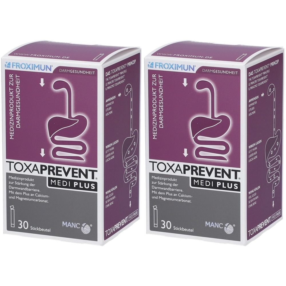 Zwei Packungen TOXAPREVENT MEDI PLUS. Lila-weiß Verpackung mit Produktlogo und Text. 30 Sachets.