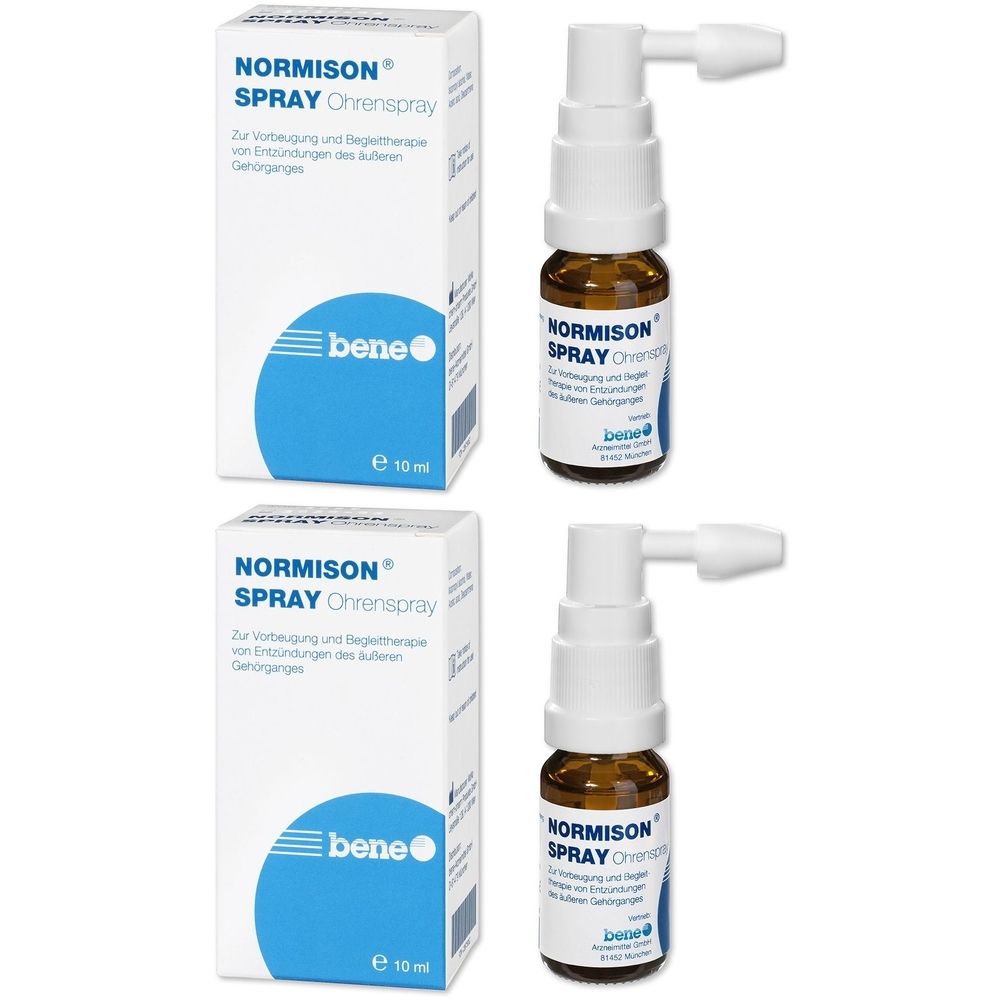 Zwei Packungen und zwei Sprays. Die Packungen sind weiß mit blauer Schrift. Die Sprays haben braune Flaschen und weiße Aufsätze.