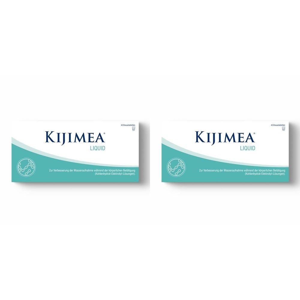 Zwei rechteckige Verpackungen. Aufschrift: Kijimea Liquid. Weiß, mit türkisfarbenem Band und Logo. Text in deutscher Sprache.