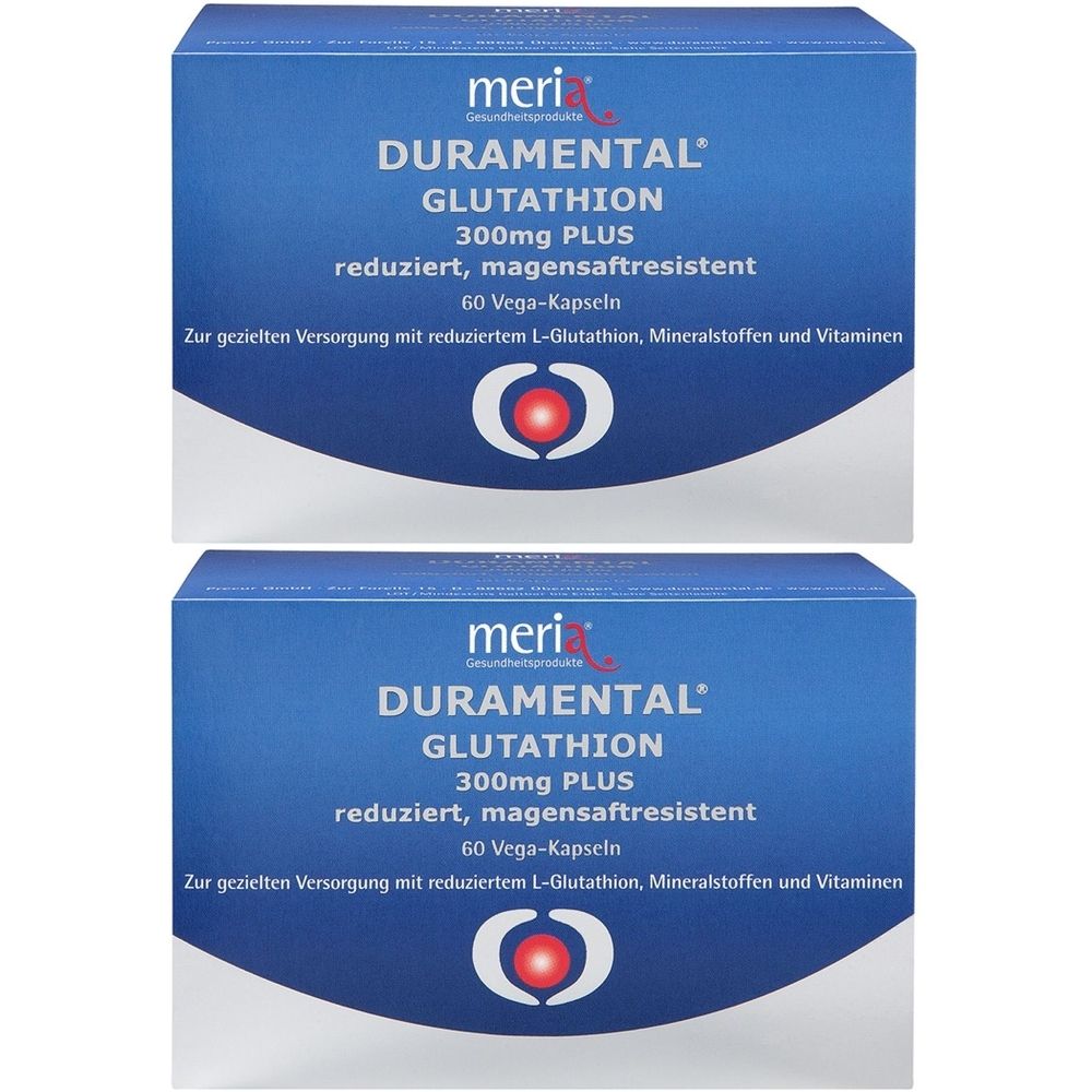 Zwei blaue Schachteln mit der Aufschrift DURAMENTAL Glutathion 300mg PLUS. Enthält 60 Kapseln. Marke: meri.