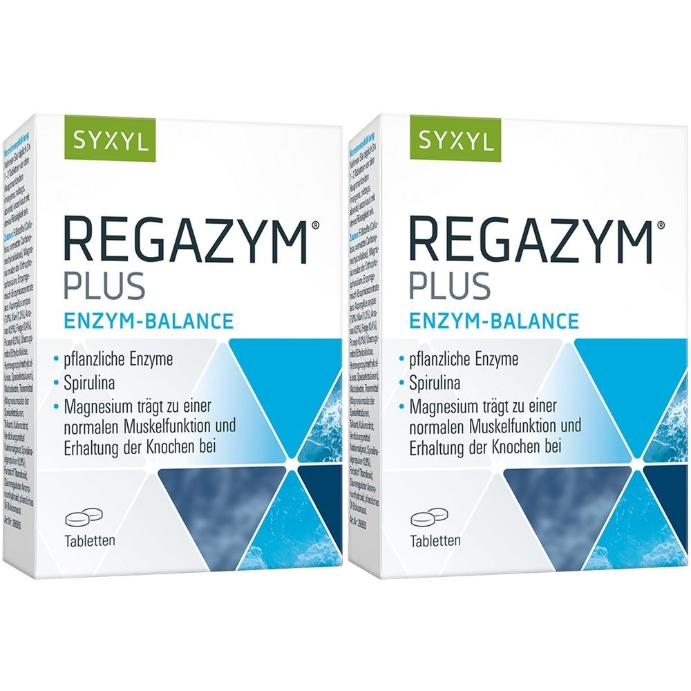 Zwei Schachteln SYXYL REGAZYM PLUS. Aufschrift: Enzym-Balance, pflanzliche Enzyme, Spirulina, Magnesium für Muskeln und Knochen.