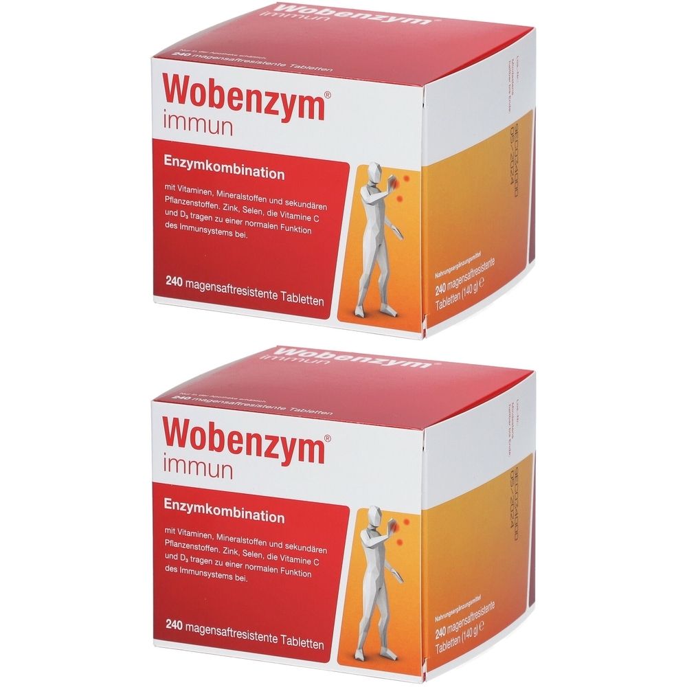 Zwei Schachteln Wobenzym® immun. Aufdruck: Enzymkombination, 240 magensaftresistente Tabletten. Abbildung eines menschlichen Körpers.