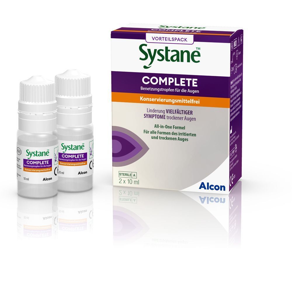 Zwei Systane COMPLETE Tropfflaschen und eine Systane COMPLETE VORTEILSPACK Kartonverpackung.