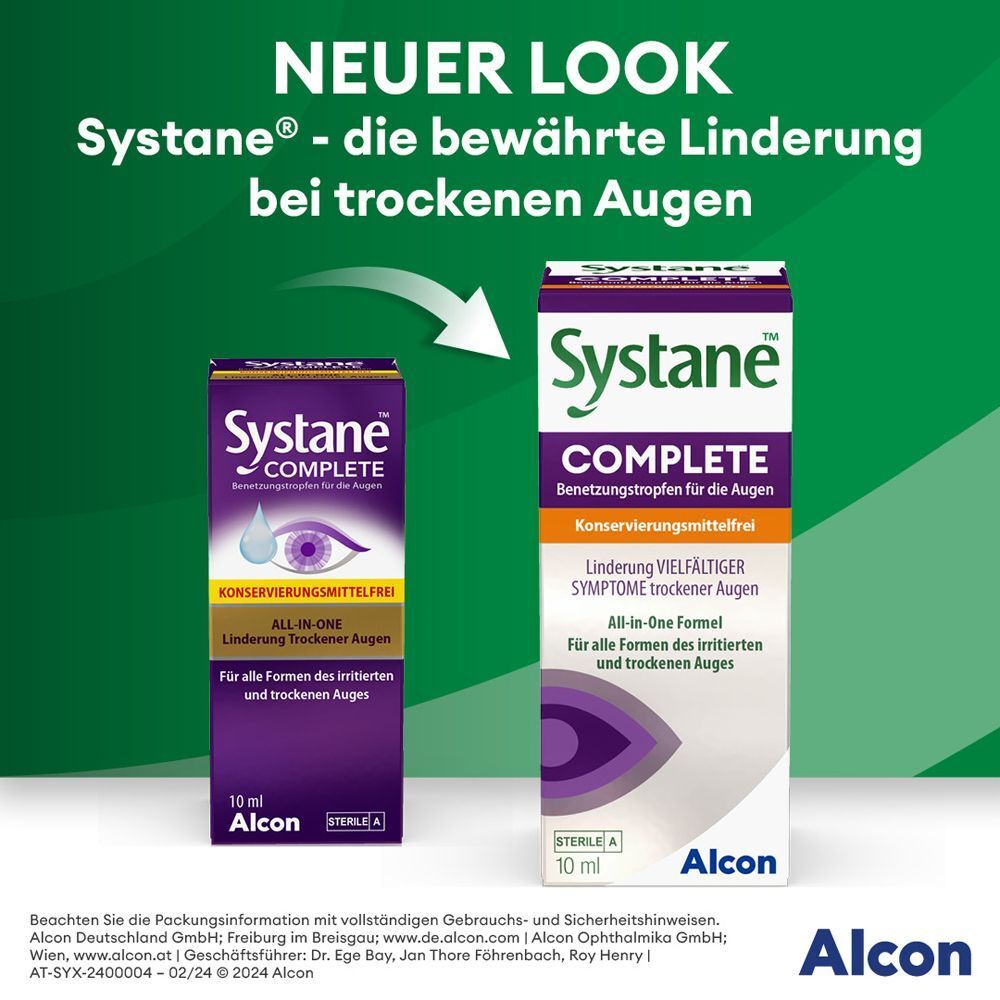 Vergleich von Systane COMPLETE Verpackungen mit neuem und altem Design.