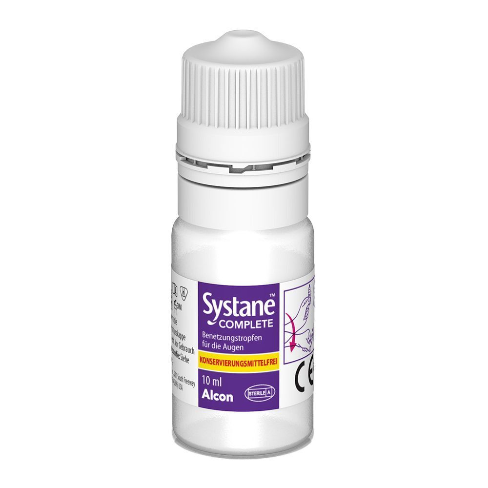 Eine Systane COMPLETE Tropfflasche mit weißem Schraubverschluss und Etikett.