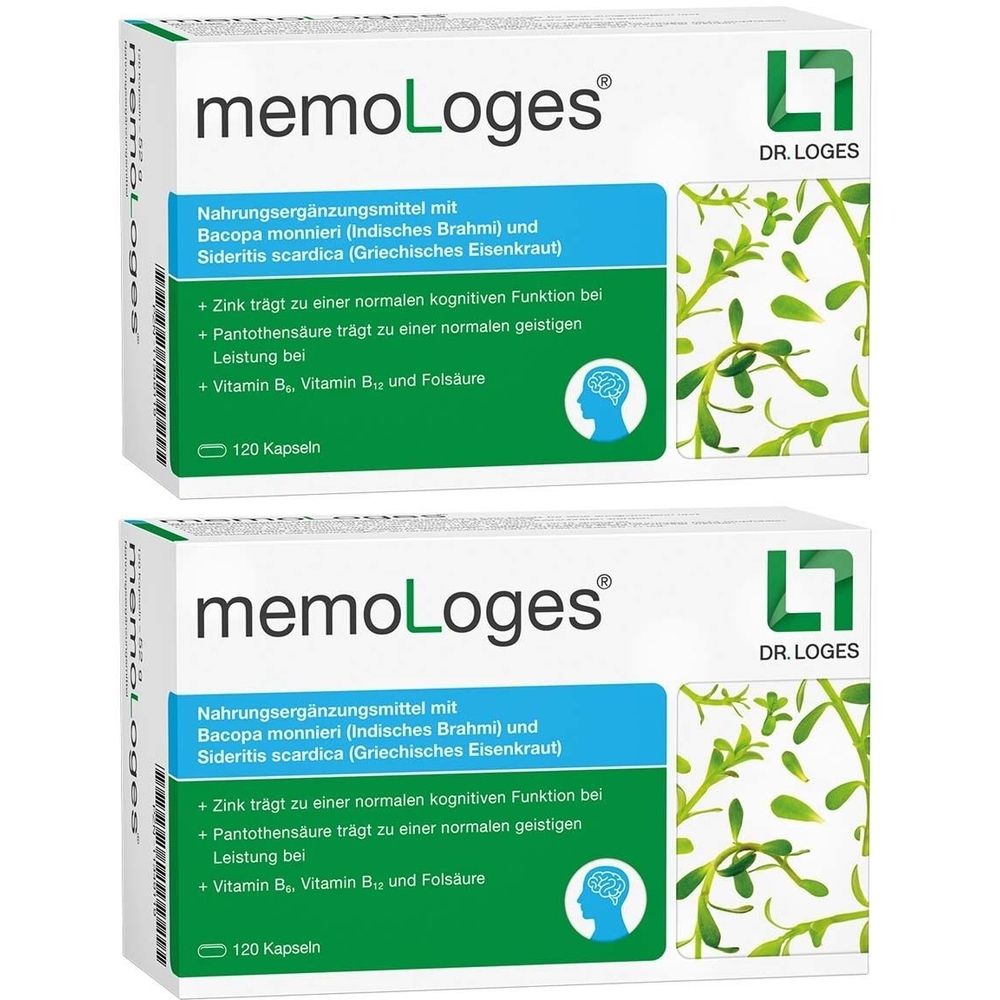 Zwei Packungen memoLoges®. Weiße Schachteln mit blau-grünen Etiketten. Enthält Nahrungsergänzungsmittel mit Inhaltsstoffen wie Bacopa monnieri. Logo von Dr. Loges.