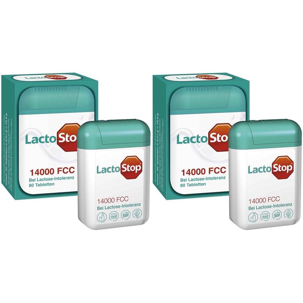 Zwei Packungen und zwei Tablettenbehälter. Aufschrift LactoStop, 14000 FCC. Behälter weiß mit grünem Deckel, Verpackung grün.
