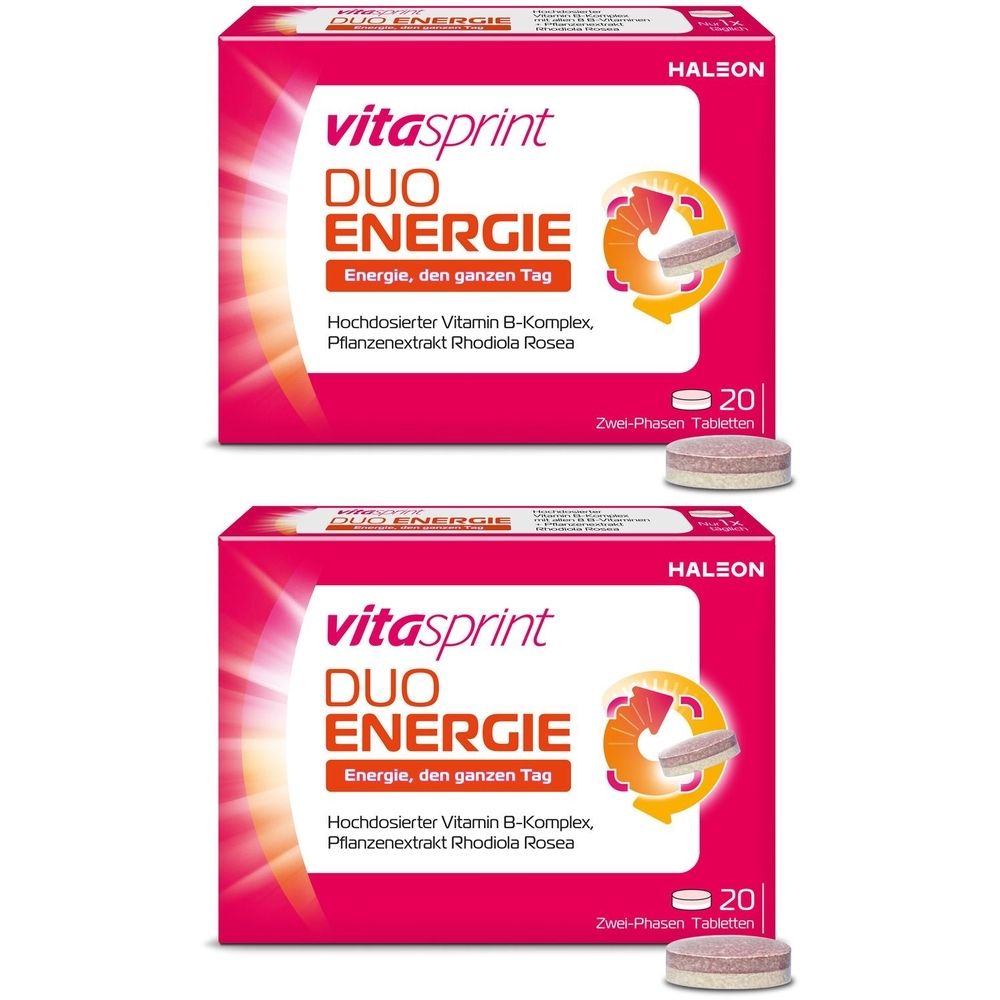 Zwei Packungen Vitasprint Duo Energie Tabletten. Rosa Verpackung mit Produktnamen und Logo. 20 Tabletten pro Packung.