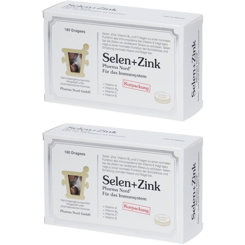 Zwei weiße Kartons mit der Aufschrift "Selen+Zink Pharma Nord". Aufschrift "180 Dragees" und "Kurpackung".