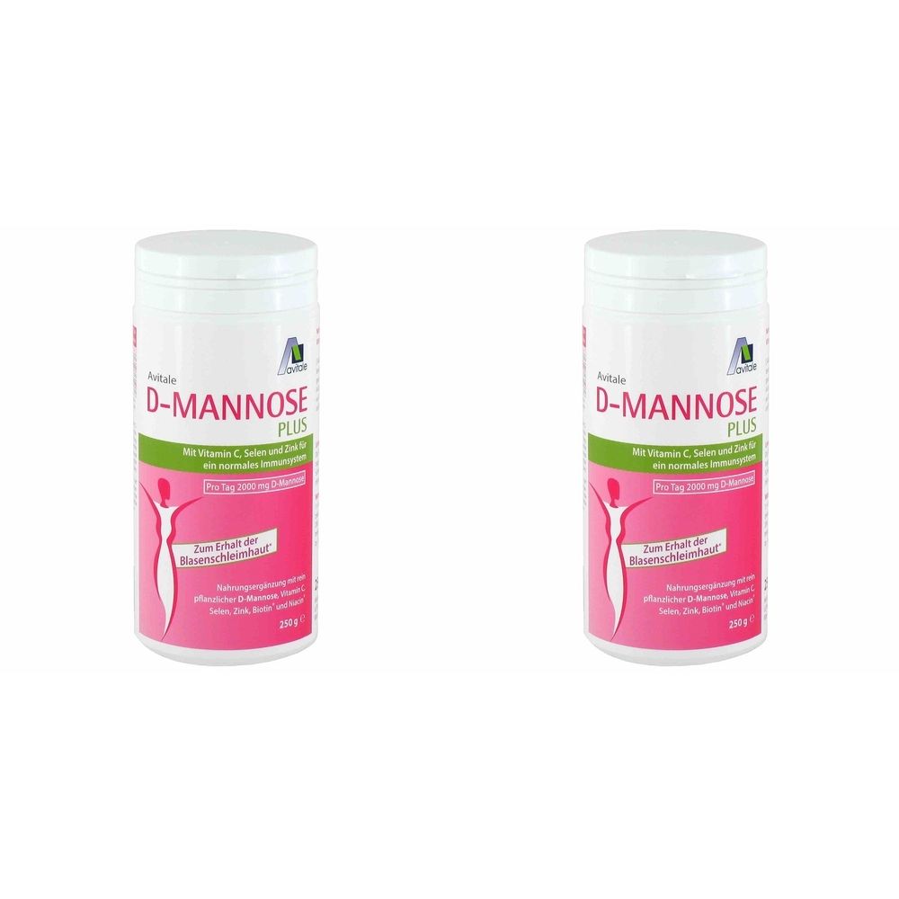 Zwei weiße D-Mannose PLUS-Behälter mit rosa Etiketten. Aufschrift: D-Mannose PLUS, Vitamin C, Selen und Zink. Frau Silhouette.