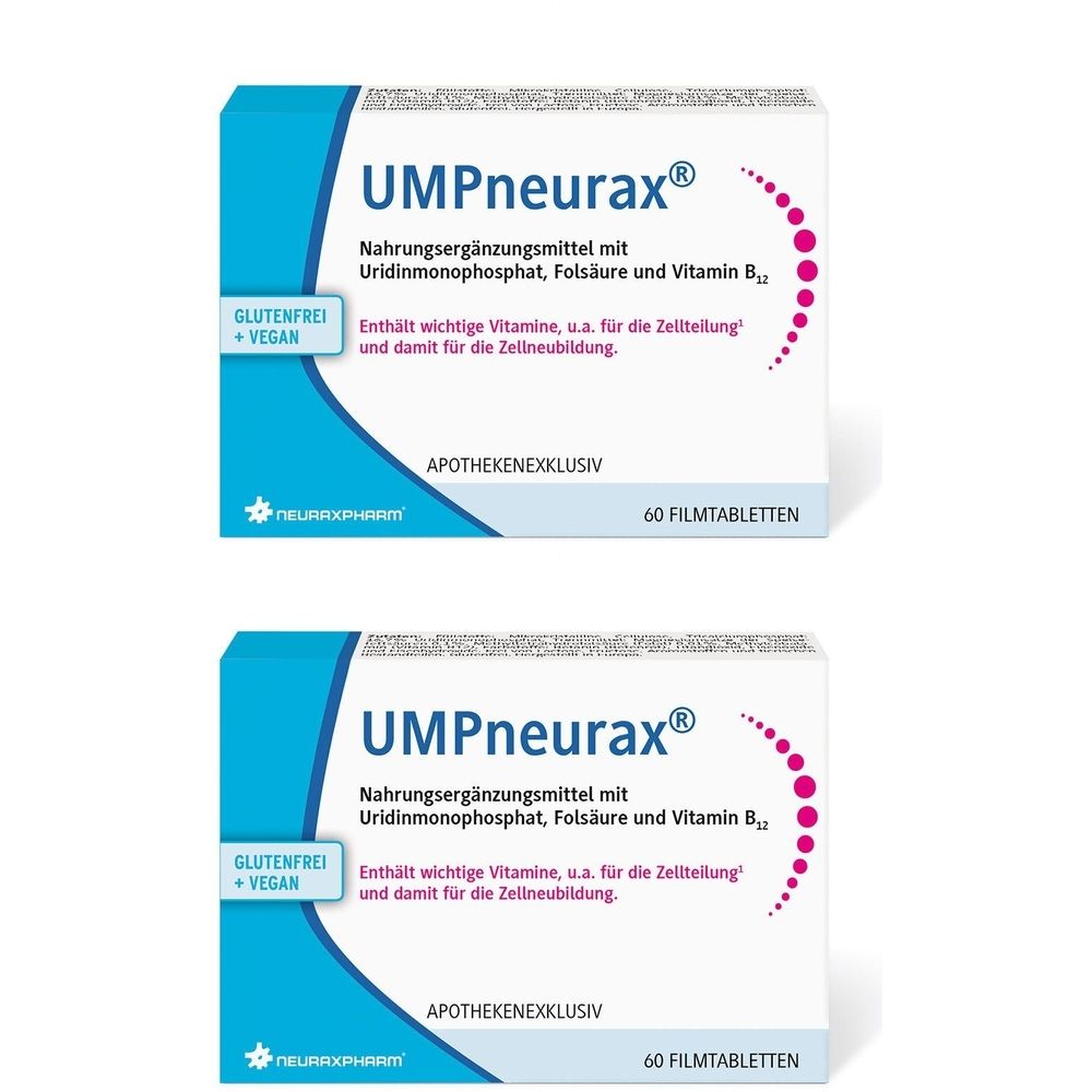 Zwei Schachteln UMPneurax®. Nahrungsergänzungsmittel mit Uridinmonophosphat, Folsäure und Vitamin B12. Glutenfrei und vegan. 60 Filmtabletten.