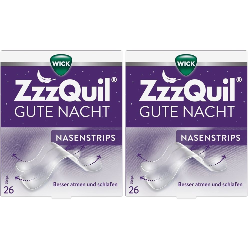 Zwei Packungen Nasenstrips. Aufschrift: ZzzQuil Gute Nacht Nasenstrips, 26 Strips. Besser atmen und schlafen.
