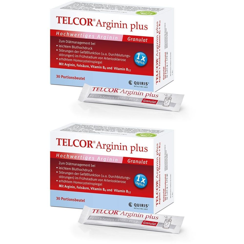 Zwei Packungen TELCOR Arginin plus Granulat. Jede Packung enthält 30 Portionsbeutel. Aufschrift: Hochwertiges Arginin.